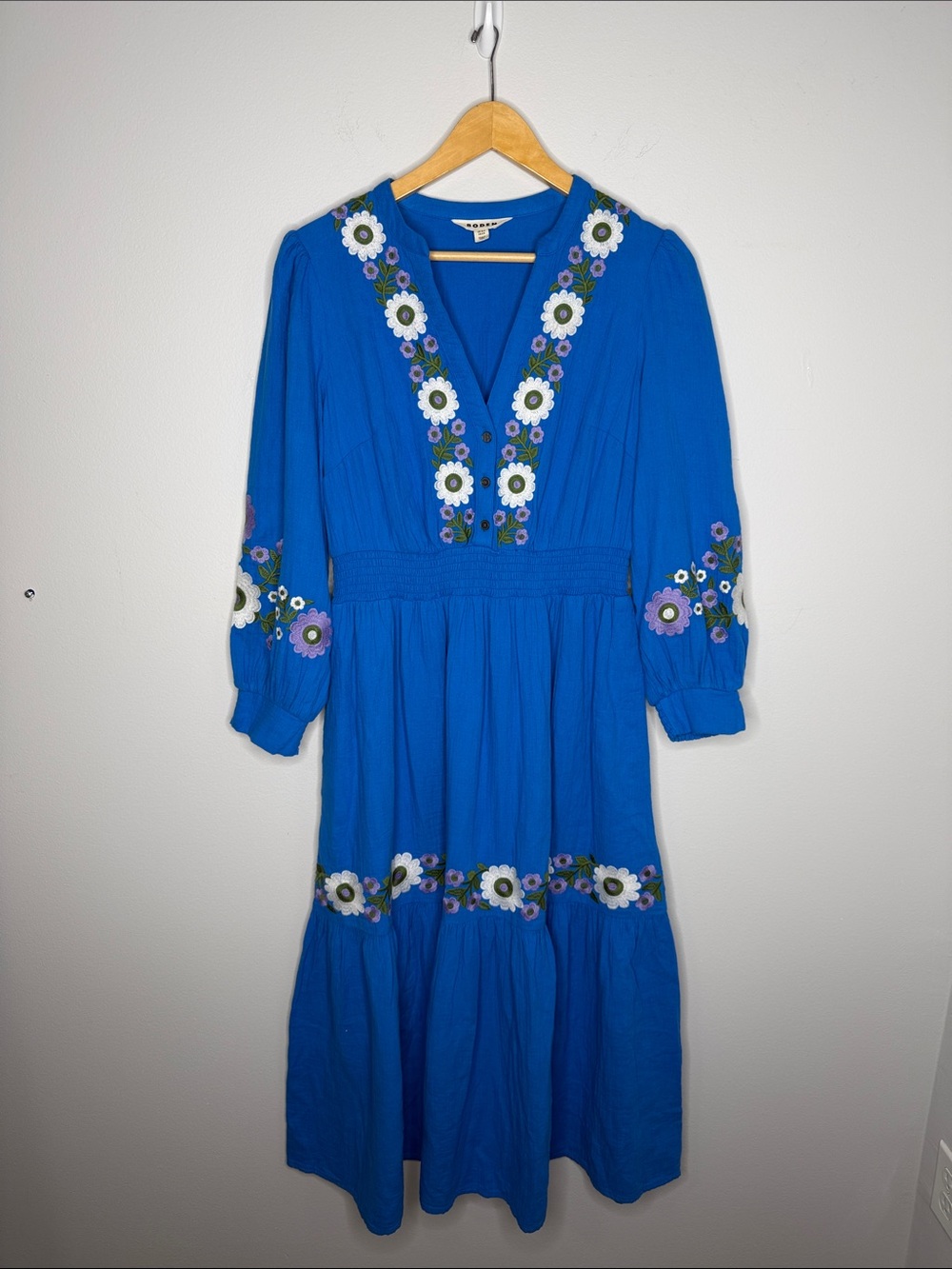 Boden Blue Elena Double Cloth Embroidered Midi Dress Size 12 - Picture 5 of 9